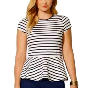 Lauren Ralph Lauren White Navy Short Sleeve Striped Ruffle Peplum Top Plus Sz 2X